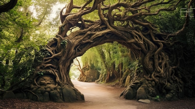 A captivating natural archway sculpted by interwoven branches beckons exploration in the