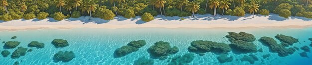 Captivating nature scene aerial view of trees sandy beach and azure ocean creating a serene and peaceful coastal landscape