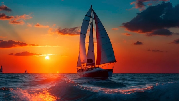 Captivating Ocean Sunset with Sailboat in 8K Resolution