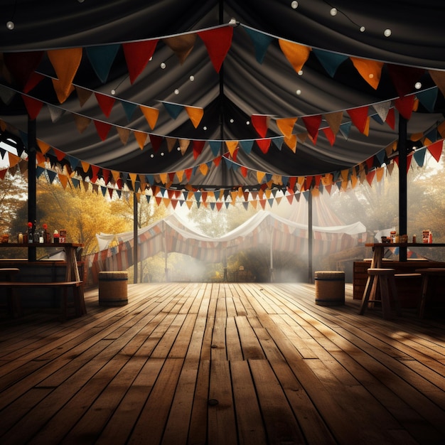 Увлекательная пивная палатка Oktoberfest, украшенная праздничными немецкими флагами
