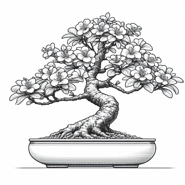 A captivating outline of a bonsai tree showcasing its intricate details