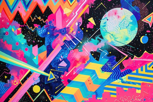 A captivating painting featuring a riot of vibrant colors abstract shapes and dynamic lines An energetic mosaic of bright neon colors representing a flavor of the 80s AI Generated