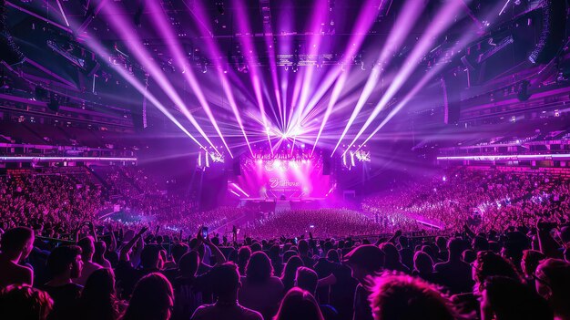 A captivating photo of an arena concert featuring a center stage aglow with purple lasers with a packed crowd of cheering and excited fans adding to the energy and atmosphere of the event