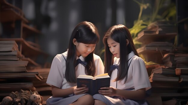 Captivating photo of asian primary school girls engaged in learning with a beautiful surrounding