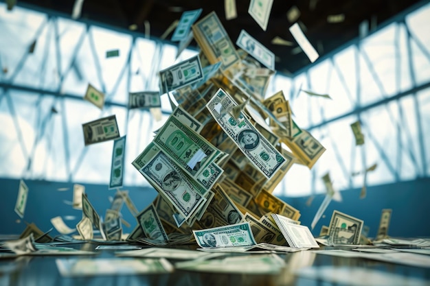 A captivating photo capturing a pile of money in various denominations soaring through the air A house of cards collapsing under a shower of money presenting economic instability AI Generated