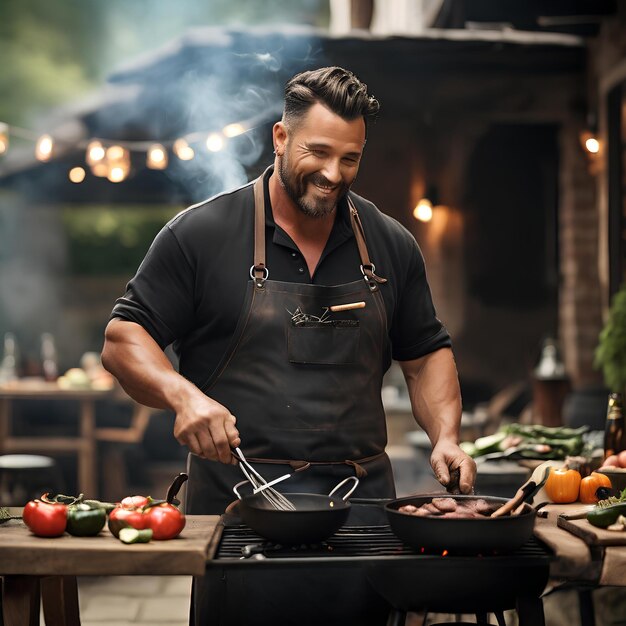 A captivating photo featuring a man donning a black apron