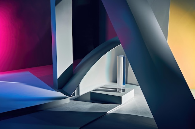 Captivating photo of a futuristic studio at evening playful lights and shadows highlight key