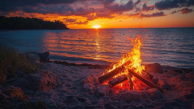 a captivating photo of a labor day evening bonfire on the beach with people gathered around and the setting sun