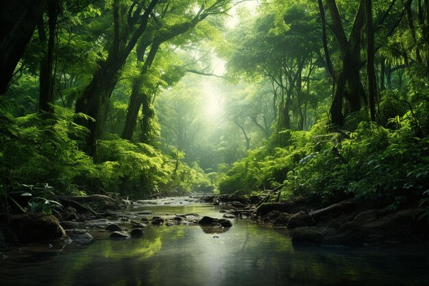 A captivating photo of a lush green forest with Generative ai