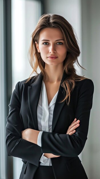 A captivating photo portrait a smart businesswoman with crossed hands exuding confidence