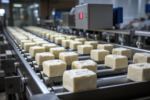 A captivating photo showcases the precision in packaging a variety of cheeses on an industrial conveyor highlighting the attention to detail in delivering pristine cheese products to consumers