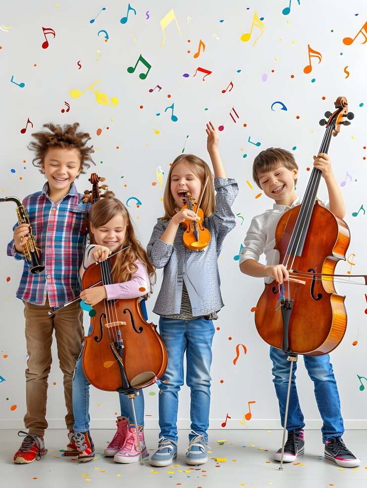 Photo captivating photo stock concept enchanting kids with musical instruments and magical notes radiati