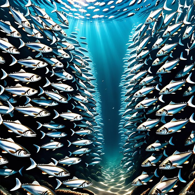 a captivating photograph of a school of silvery sardines moving in perfect unison forming a mesmeri