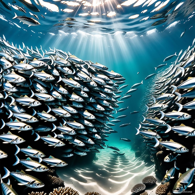 a captivating photograph of a school of silvery sardines moving in perfect unison forming a mesmeri