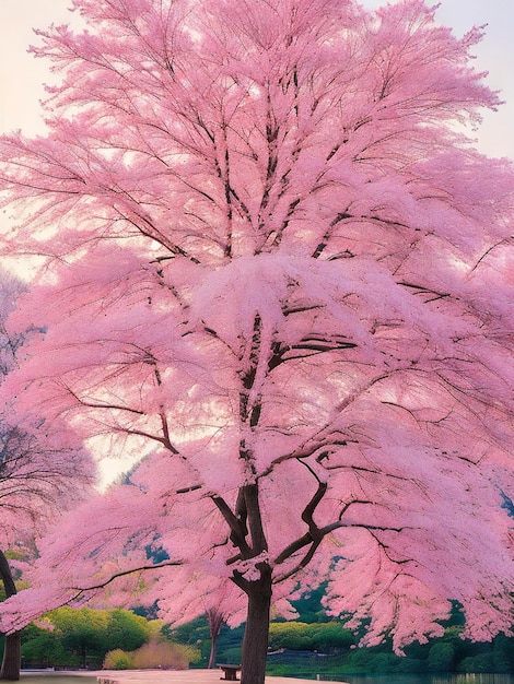 A captivating photograph showcasing a delicate pink tree in full bloom