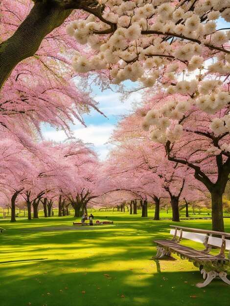 A captivating photograph showcasing an empty park transformed into a blossoming oasis of serenity