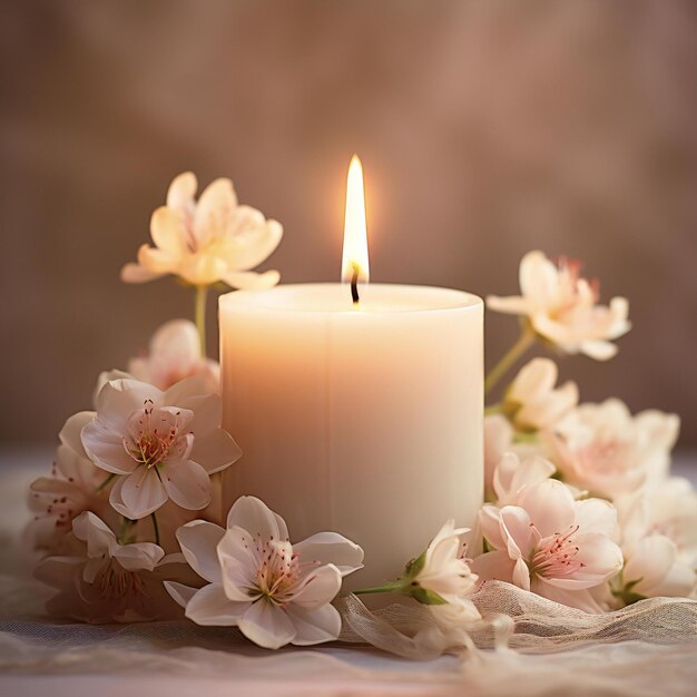 A captivating photograph showcasing the soft warm glow of burning candle