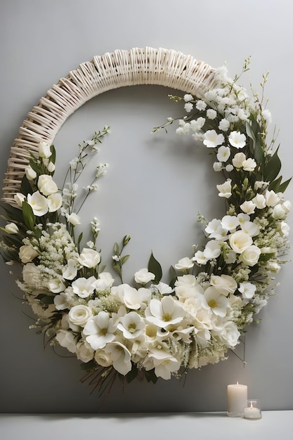 Photo a captivating photograph that showcases a wicker circle adorned with an arrangement of delicate white flowers ai generative