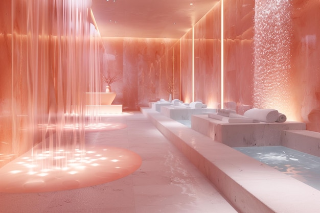 Foto un accattivante interno rosa della spa con una gentile cascata che emette un soffice bagliore da sogno generato dall'ai