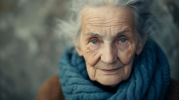 Captivating portrait of an elderly woman radiating wisdom with her delicate green eyes and graceful grey hair Evoking tranquility and ageless beauty