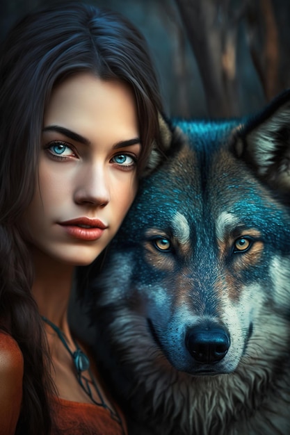 A Captivating Portrait of a Girl and Her Wolf in the Enchanted Woods Generative AI