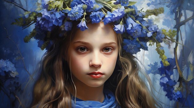 A captivating portrait of a girl wearing a wreath of periwinkle flowers symbolizing purity and love