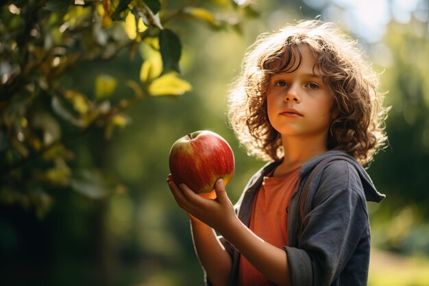 Photo captivating portrait innocent child with an apple in serene garden