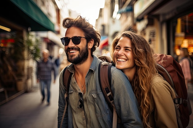 Захватывающий портрет улыбающейся молодой пары в отпуске