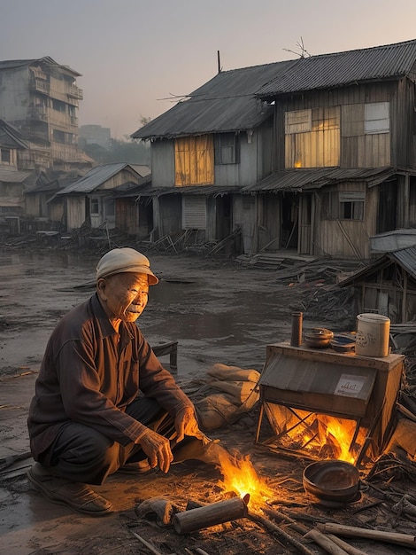 Захватывающий портрет вьетнамского старика при свете костра в деревенской обстановке