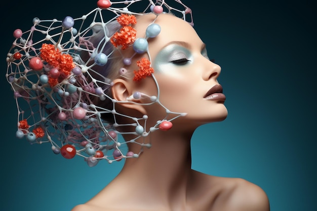 Photo captivating portrait of woman framed by intricate molecular spheres