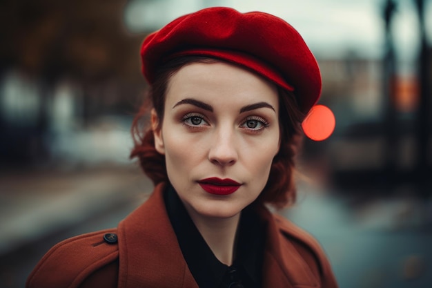 Captivating Portrait of a Woman in a Red Beret and Trench Coat