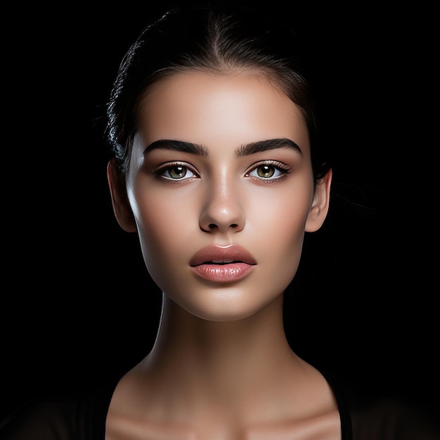 A Captivating Portrait A Woman's Fresh and Soft Makeup Look Embraces Natural Beauty Against a Strik