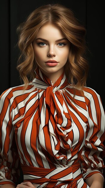 Captivating portrait young caucasian model elegantly showcasing a color striped cocktail dress