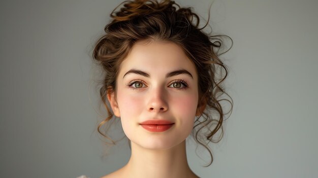 Photo a captivating portrait of a young woman exuding grace and charm with her elegant updo and mesmerizing hazel eyes her radiant smile enhances her natural beauty making her the epitome of sop