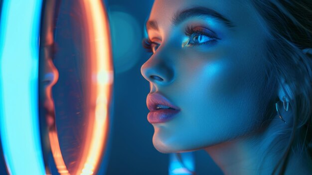 Captivating portrait of a young woman illuminated by a selfie ring light