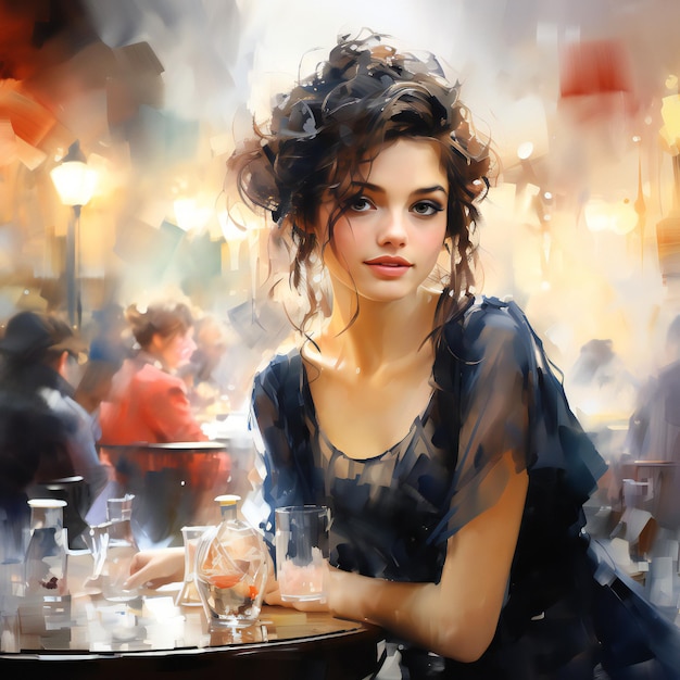 Пленительный портрет молодой женщины, погруженной в романтику парижского уличного кафе в стиле 3
