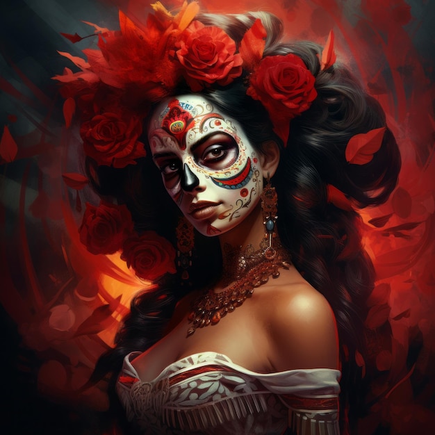 Captivating portrayal of a dia de los muertosinspired woman created with generative ai