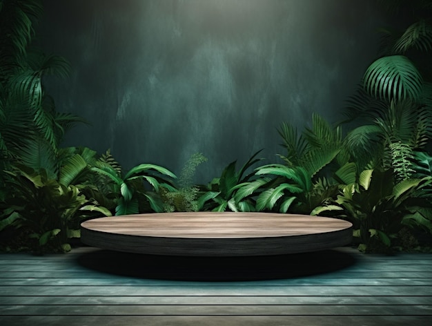 Captivating Product Advertising Stand Wooden Podium on Green Background with Leaves Generative Ai