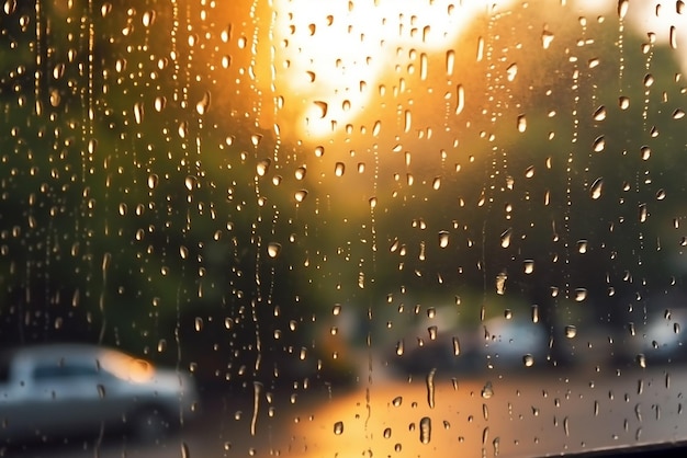 Captivating rain drops during rainy day outside window glass with blurred background created with ge