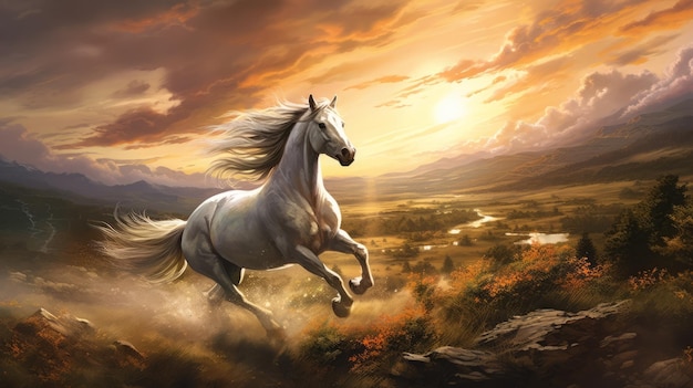 Captivating Realistic Fantasy Artwork Of A White Horse Running With Sunset Mountains