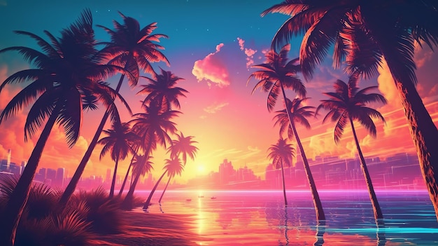 Photo captivating scene blending elements of vaporwave cyberpunk and synthwave aesthetics featuring palm trees against a futuristic backdrop background generative ai