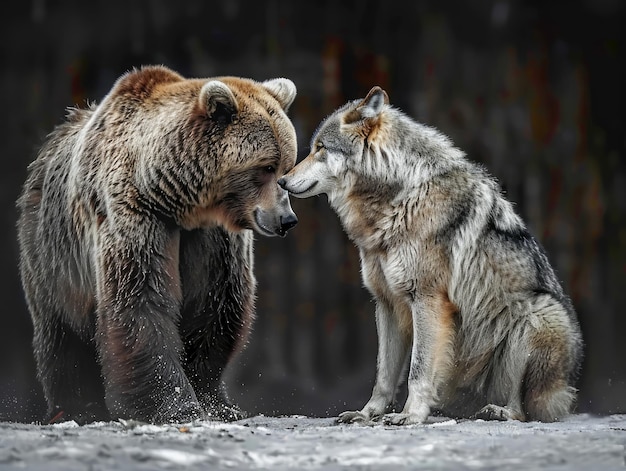 Увлекательная сцена, в которой коричневый медведь и серый волк общаются в мистическом лесу