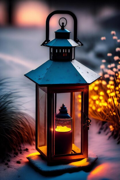 A captivating scene featuring a lantern glowing in the darkness casting a warm and inviting light