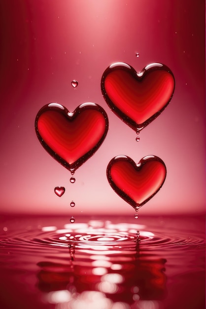 A captivating scene featuring red hearts and glistening water droplets