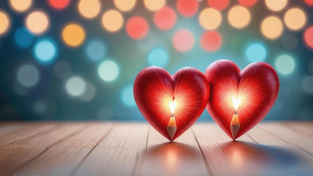 Увлекательная сцена с двумя красными сердцами, обнятыми мягким светом боке