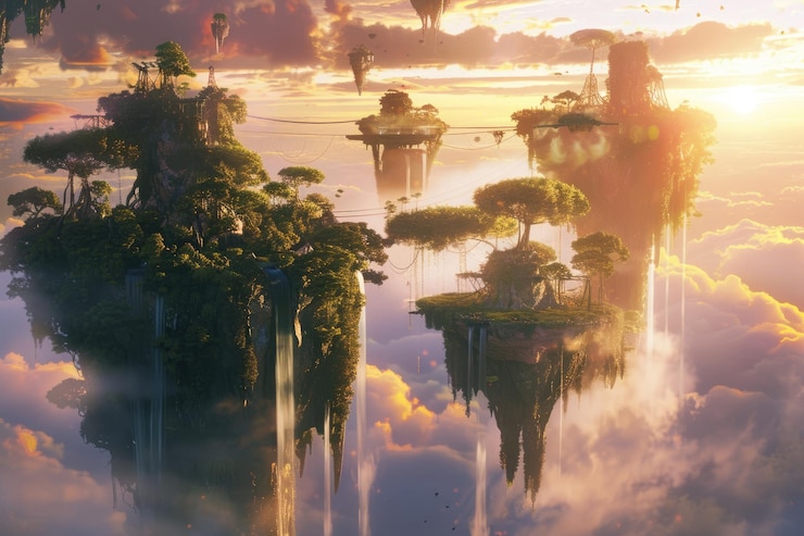 Photo 夜明けに浮かぶ島の魅力的なシーン - と雲のファンタジーランドスケープ