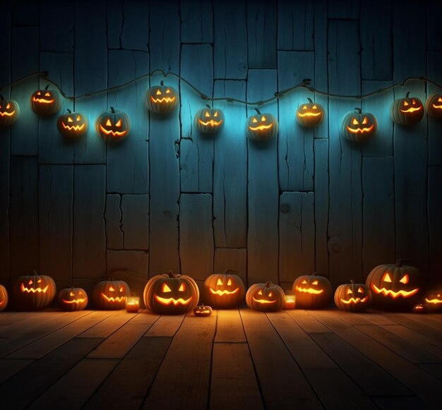 Captivating scene of luminous Halloween pumpkins decorating a rustic wooden wall AI generated