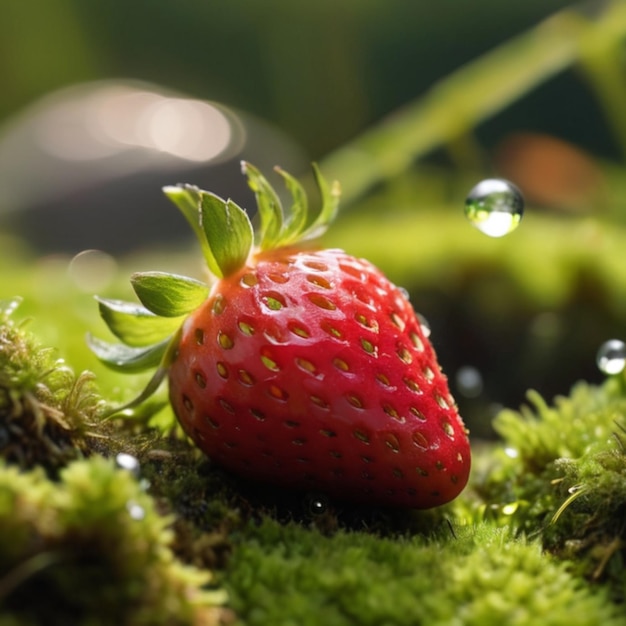 Captivating Scene A Ripe Strawberry on Lush Green Moss Under Sunlit Dew Drops