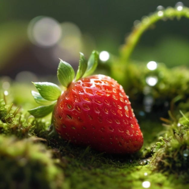 Captivating Scene A Ripe Strawberry on Lush Green Moss Under Sunlit Dew Drops