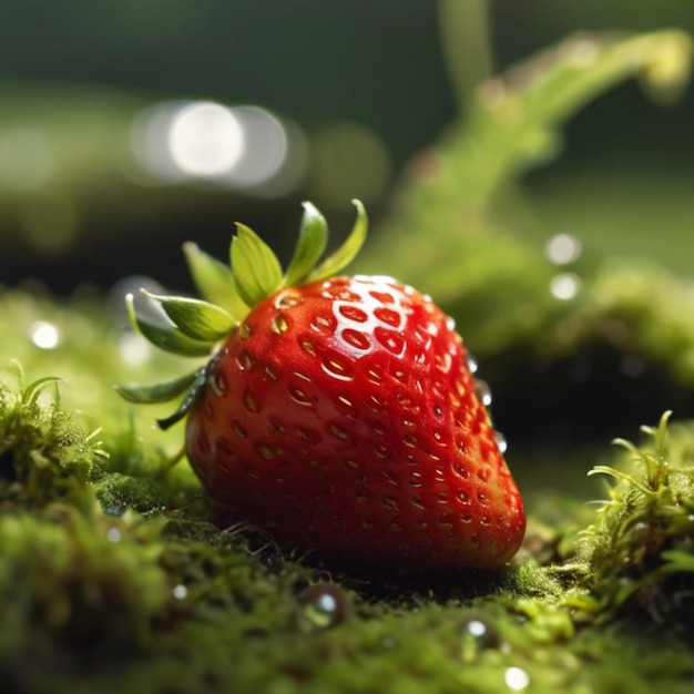 Captivating Scene A Ripe Strawberry on Lush Green Moss Under Sunlit Dew Drops